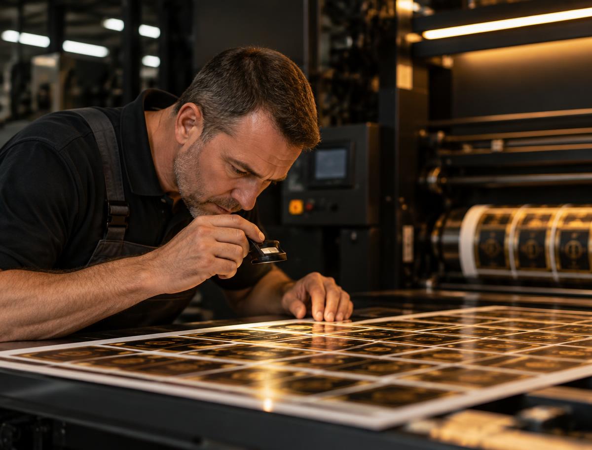 Quality inspector examining printed labels